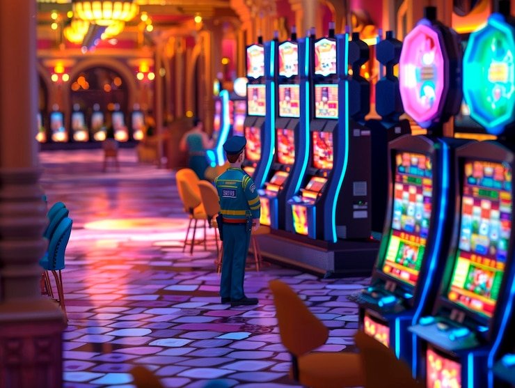 Suasana studio siaran live casino dengan meja baccarat dan dealer profesional